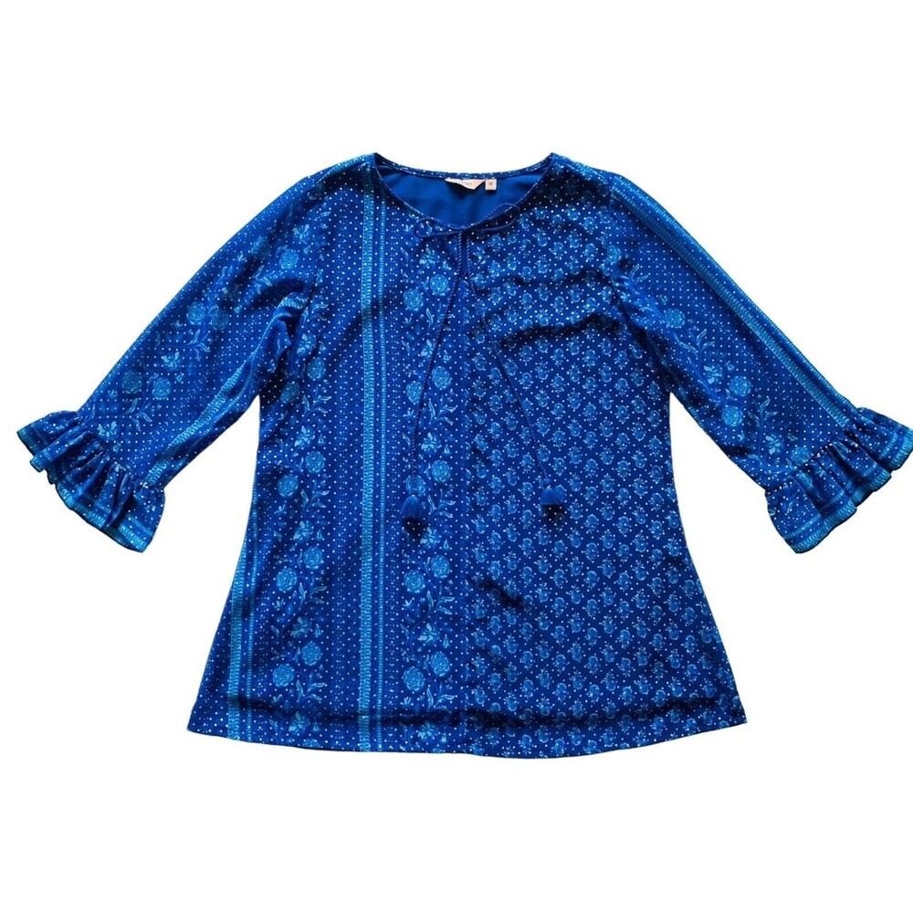 ITSE Royal Blue Boho Blouse Medium Bell Sleeve Tassel Tie Gold Dot Peasant Top